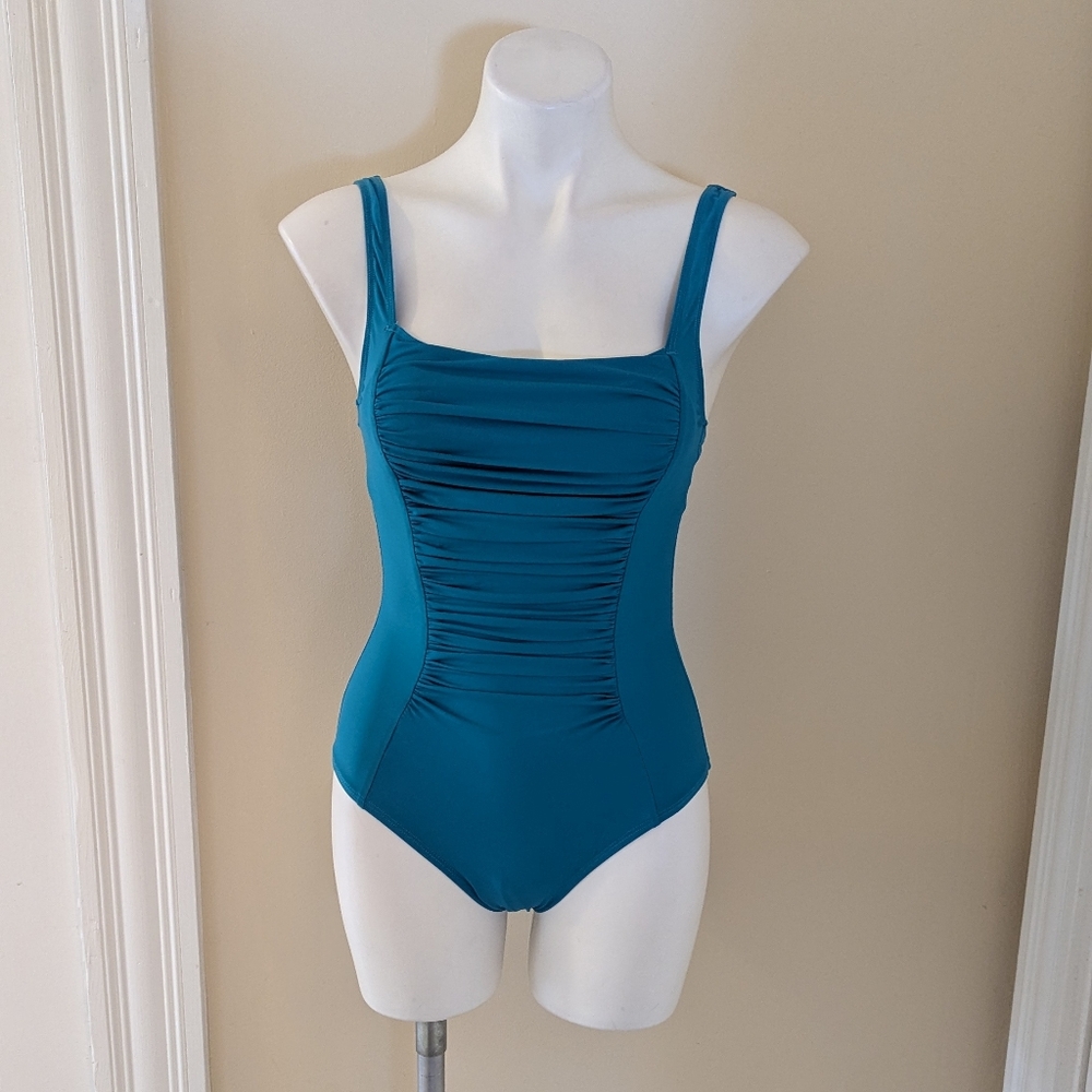 Kenneth Cole NY teal square neck one piece swim suit size S
